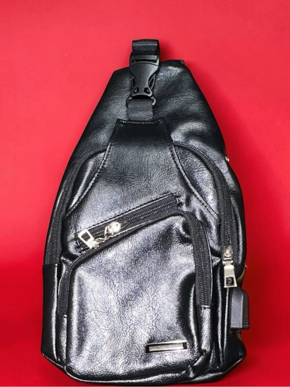 Black Leather-Effect Sling Messenger Bag with Front Zip Pockets